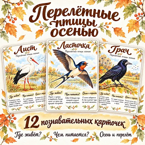 Перелётные птицы осенью — 12 познавательных карточек «Где живёт? Чем питается?»