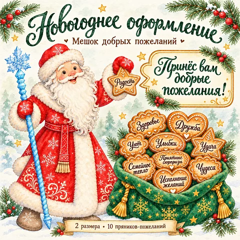 Новогоднее оформление «Мешок добрых пожеланий» — Дед Мороз с пряниками, 2 размера